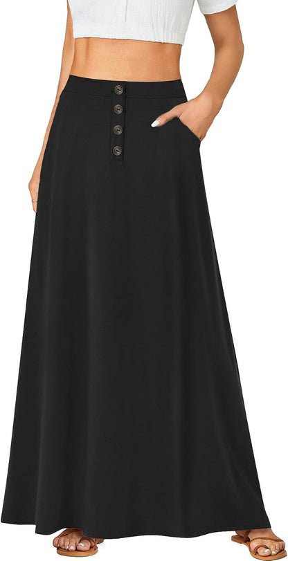 Rooscier Women's High Waist Button Front A-Line Long Maxi Skirt with Pockets