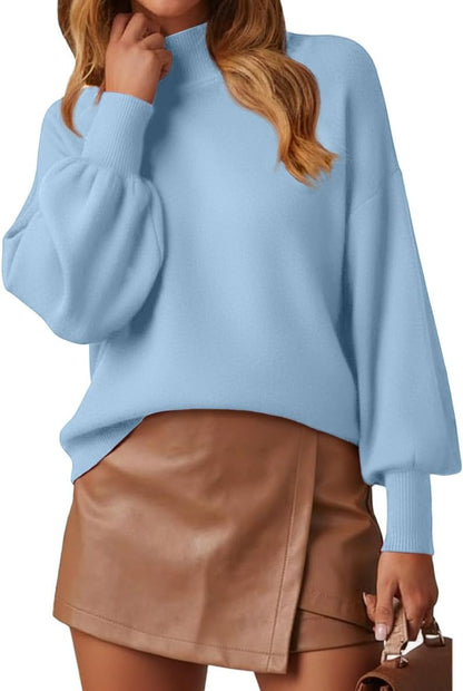 WEACZZY Women's 2026 Fall Fashion Casual Sweaters Mock Neck Long Lantern Sleeve Lightweight Knit Pullover Sweater Tops
