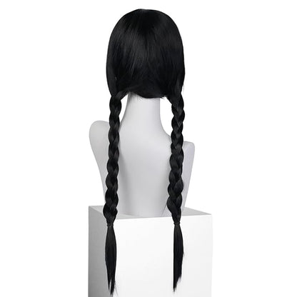 Wednesday Wig Black Cosplay Wig for Women Black Two Braids Wig for Halloween Costume Black Wig with Bangs Long Black Costume Wig for Party