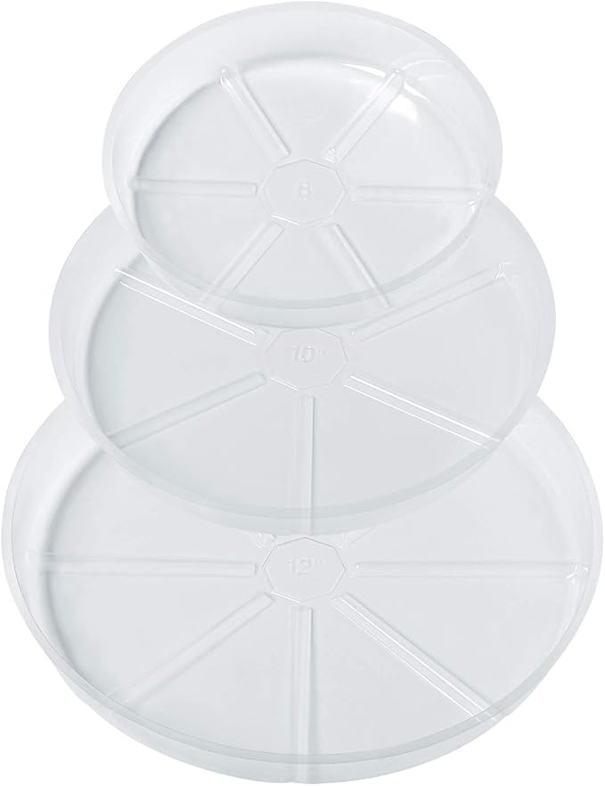 Idyllize 15 Pack, Assorted Sizes 6 8 10 Inch Clear Plastic Plant Saucer Drip Trays for pots, 5 Pieces of Each Size (Assorted Sizes 6'', 8'', 10'')