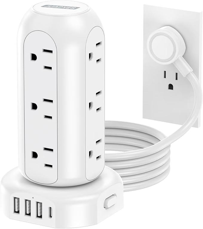 Power Strip Tower PD 20W 12 Outlets and 4 USB Ports Flat Plug Surge Protector with (1 USB C PD 20W) 6.5FT (13A) Travel Power Strip with USB Ports for Home Office Supplies