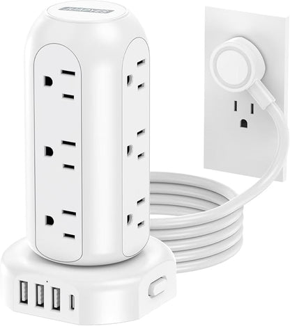 Power Strip Tower PD 20W 12 Outlets and 4 USB Ports Flat Plug Surge Protector with (1 USB C PD 20W) 6.5FT (13A) Travel Power Strip with USB Ports for Home Office Supplies