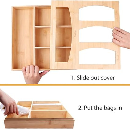 Ziplock Bag Organizer for Kitchen Plastic Bag Storage, Premium Bamboo Organizer, Food Storage Bag Holders for Gallon, Quart, Sandwich and Snack Variety Size Bag