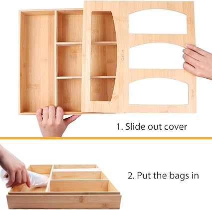Ziplock Bag Organizer for Kitchen Plastic Bag Storage, Premium Bamboo Organizer, Food Storage Bag Holders for Gallon, Quart, Sandwich and Snack Variety Size Bag