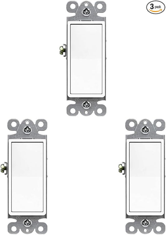 ENERLITES 3-Way Decorator Paddle Rocker Light Switch, Gloss Finish, Single Pole or Three Way, 3 Wire, Grounding Screw, Residential Grade, 15A 120V/277V, UL Listed, 93150-W, White (Pack of 3)