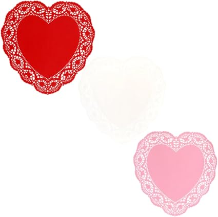 3 Pack Heart-Shaped Red White Pink Paper 10 inch Doilies Parties Events Treats Valentine's Day Lovely Romantic Elegant Decorations Creative DIY Celebrations Offiice Home School Total Count-48