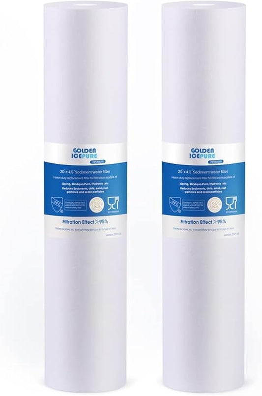 GOLDEN ICEPURE 5 Micron 4.5" x 20" Whole House Sediment Water Filter Compatible for 155358-43, FP25B, P5-20, FPMB5-20, CB-45-2005, SDC-45-2005, AP810-2 2PACK