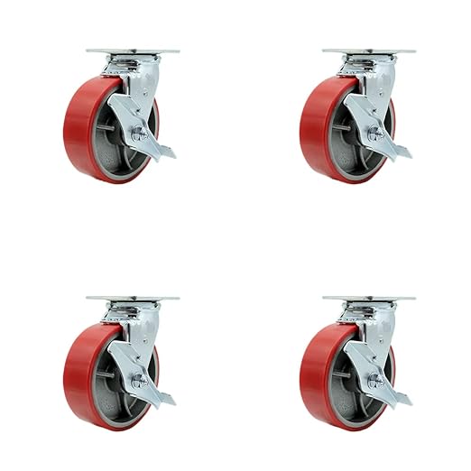 Polyurethane on Cast Iron Swivel Top Plate Heavy Duty Caster with 6 Inch Red Wheel and Total Lock Brake  1,200 lbs. CapacityCaster - Service Caster Brand