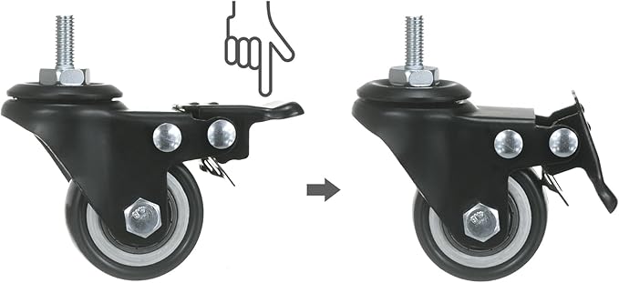 ZIIYAN 1.5 inch Stem Caster Wheels, Black Threaded Stem Caster Wheel?M6 x 15mm PU No Noise Swivel Castors with 360 Degree Rotation, Pack of 4 (One with Brake)