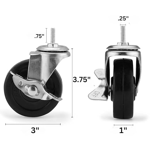 Heavy Duty Caster Wheels for Wire Shelving, Set of 4 Wire Shelf Wheels, 3"" Diameter Swivel Wheels for Wire Rack wLock, Black with Silver