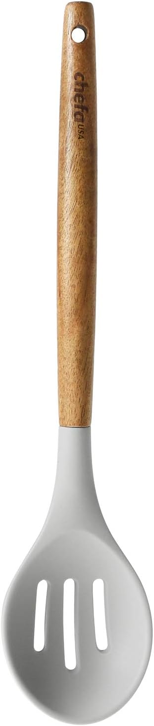 Silicone Slotted Serving Spoon - with Wooden Handle, Non-Stick Cookware Heat Resistant Kitchen Utensil - Light Gray