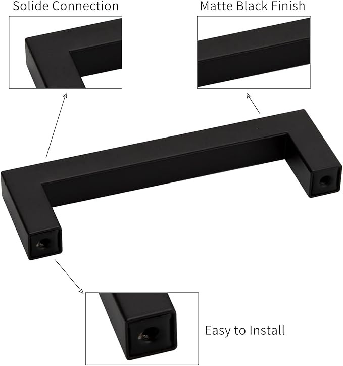 5 Inch Drawer Handle, Modern Square 5-12 Cabinet Pull, Zinc Alloy Metal, Kitchen Cabinet Handle, Center to Center 128mm, with Mounting Screws. (4, Matt Black)