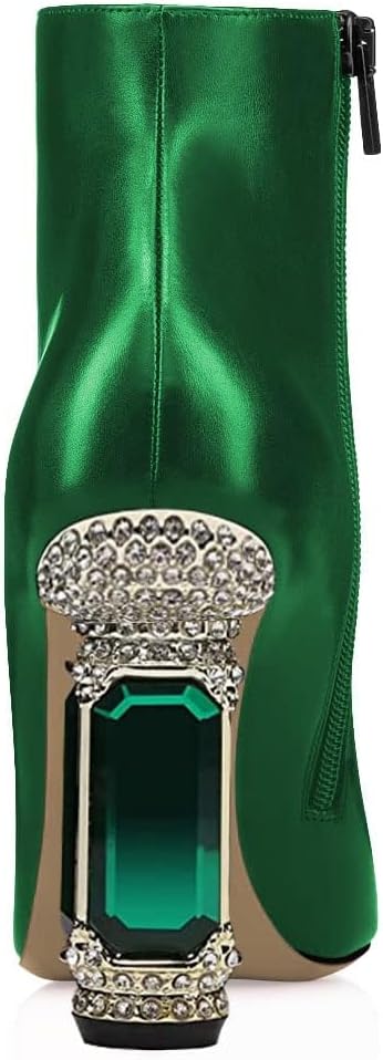 Women Chic Pointed Toe Crystal Chunky Block High Heel Ankle Boots Glossy Side Zipper Casual Daily Fashion Ladies Fall Shoes Size 4-15 US