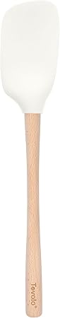 Tovolo Flex-Core White Wood-Handled Spoonula, Silicone Spoon Spatula Head With Ergonomic Grip  Wooden Handle, Silicone Spatula Spoon for Cooking  Cake Decorating BPA-Free