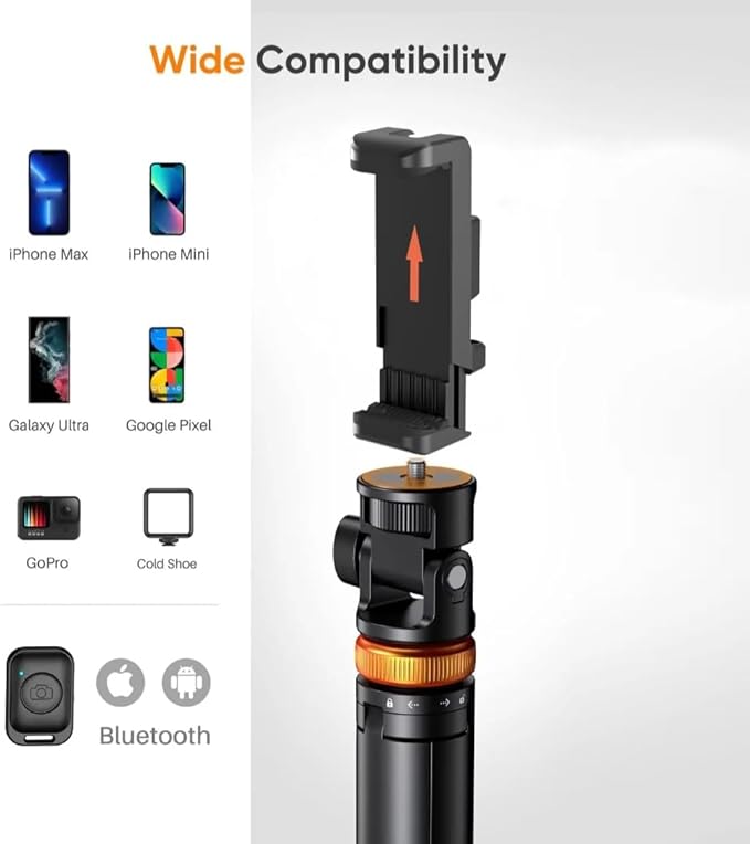 62" Phone Tripod  Selfie Stick, Tripod for Phone with Remote, All-in-1 Cell Phone Stand, Portable, Lightweight Extendable for Selfies Video Recording Vlog, Compatible with iPhone Android