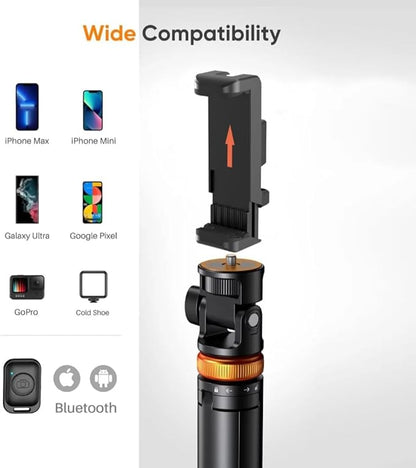 62" Phone Tripod  Selfie Stick, Tripod for Phone with Remote, All-in-1 Cell Phone Stand, Portable, Lightweight Extendable for Selfies Video Recording Vlog, Compatible with iPhone Android