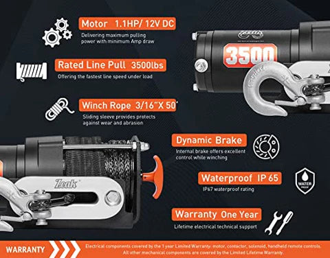 ZEAK 3500 lb. Advanced 12V DC Electric Winch, Off Road Waterproof, Synthetic Rope, Mount, for Sports car, ATV