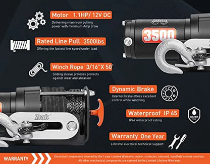 ZEAK 3500 lb. Advanced 12V DC Electric Winch, Off Road Waterproof, Synthetic Rope, Mount, for Sports car, ATV