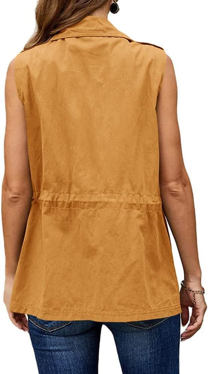Koodred Women's Casual Military Utility Vest Lightweight Sleeveless Drawstring Jackets with Pockets