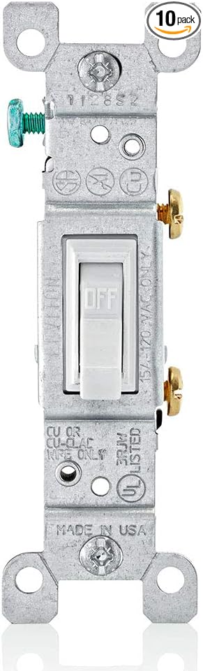 Leviton 1451-2WM 15 Amp, 120 Volt, Toggle Framed Single-Pole Ac Quiet Switch, Residential Grade, Grounding, 10-Pack, White