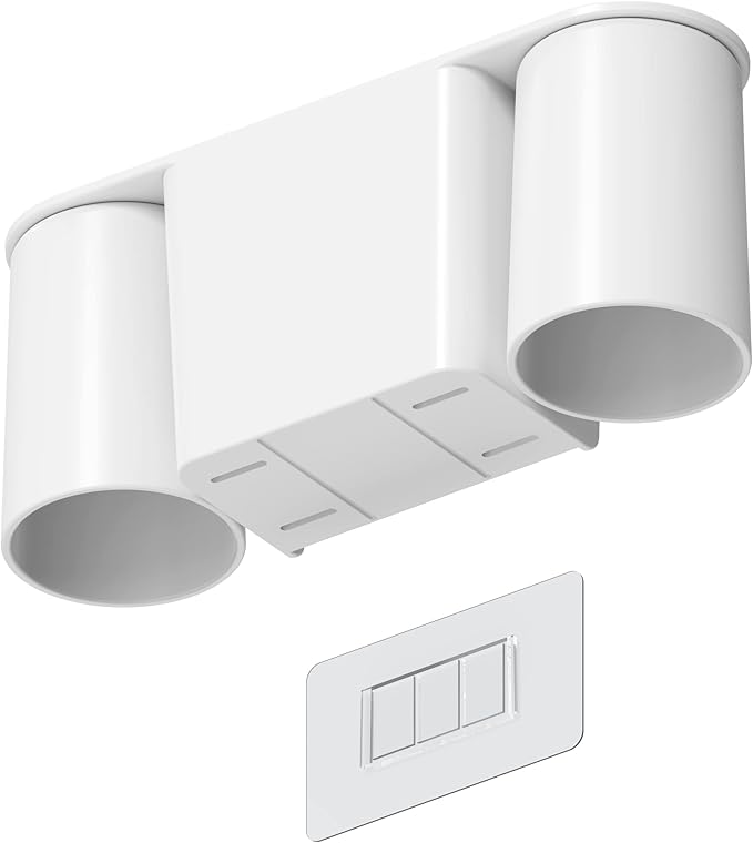 Wall-Mounted Toothbrush and Toothpaste Holder - Self-Draining Design, Easy Installation, Space-Saving, White (Double - Two Magnetic Cups)