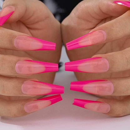 French Extra Long Press on Nails Glossy Coffin Fake Nails V Shape Super Long False Nails Acrylic Ballerina Full Cover Nails 20Pcs for Woemen and Girls (Hot Pink)