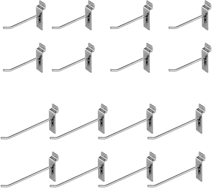 Slatwall Hooks 16Pack(8 Each 4inch and 6inch) Hanger Display Hooks,Slatwall Display Panel Hooks ,Display Perfectly Item  Products for Your Room Garage Retail Store ,Metal Chrome ,HONESTY