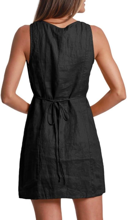 Amazhiyu Women's 100% Linen Summer Sleeveless Button Down Mini Tank Dresse