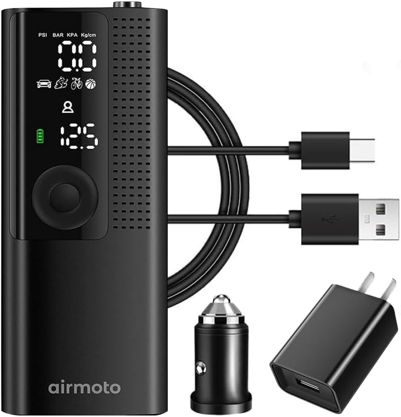 Airmoto Portable Tire Inflator and Car and Home Charger Bundle (Car Adapter not included)