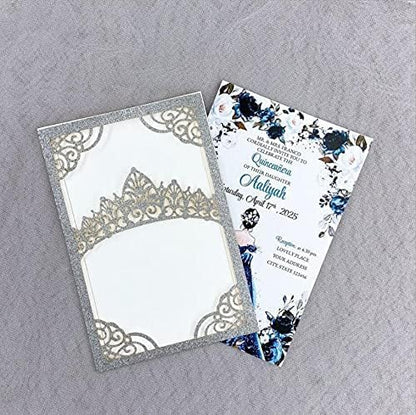 50 Pieces 5  7 Inch Crown Personalized Print Laser Cut Pocket Wedding Card Invitation Gold Silver Glitter Sweet 15 Quinceanera Invites (Silver)