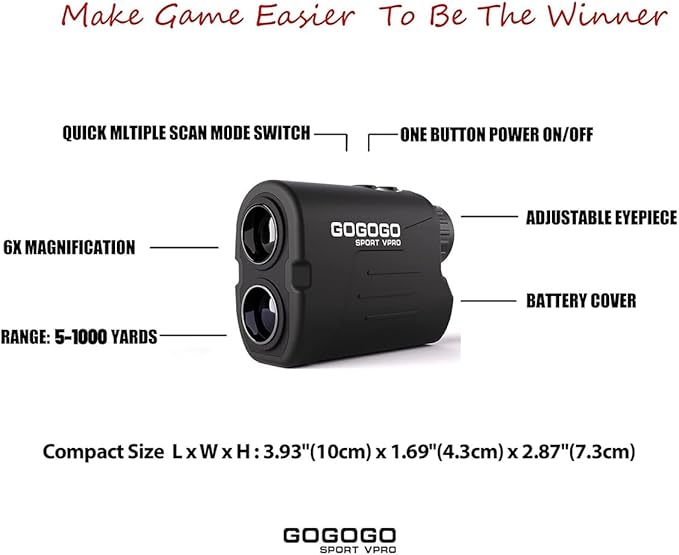 Gogogo Sport Vpro GS03 Laser GolfHunting Rangefinder, 10001200 Yards Laser Range Finder with 6X Magnification Ultra-Clear View, Lightweight, Slope, Pin-Seeker  Flag-Lock  Vibration
