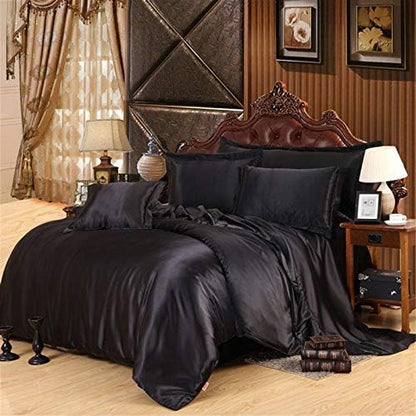 3 Piece Set - Super Soft Easy Care Satin Silk 3 Piece Set with 12'' Deep Pocket - Wrinkle, Fade, Stain Resistant - 3 Piece - (1 Fitted Sheet and 2 Pillowcases) Queen Size, Black