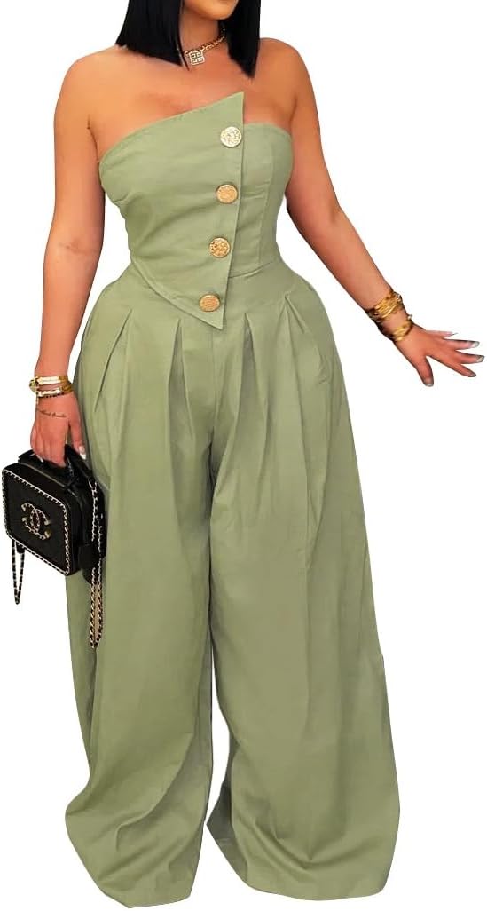 BOKITECAO Womens Cargo Jumpsuit Sexy Strapless One Piece Outfit Off Shoulder Top Ruched Wide Leg Rompers Overalls.