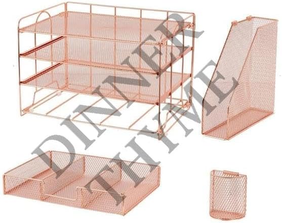 for Paper Letter Tray Organizer with File Holder, 4-Tier Desk Accessories  Workspace Desk Organizers with Drawer, Rose Gold