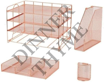 for Paper Letter Tray Organizer with File Holder, 4-Tier Desk Accessories  Workspace Desk Organizers with Drawer, Rose Gold