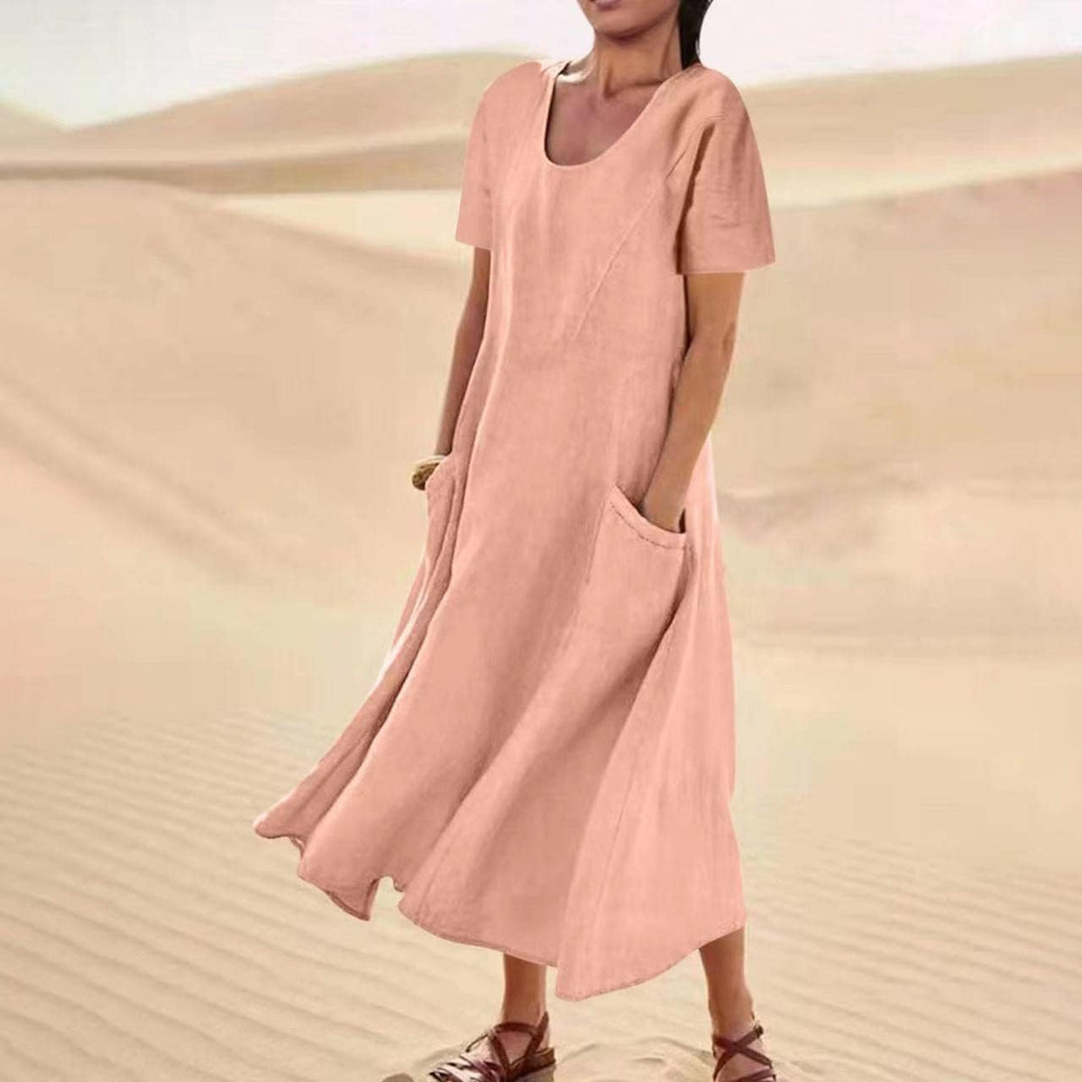 SMIDOW Women's Summer Cotton Linen Long Dress Sleeveless Elegant Flowy Dresses Plus Size Loose Comfy Dress with Pockets