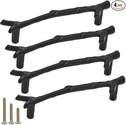 4Pcs Large Vintage Tree Twig Branch Cabinet Knobs Pulls Handles,Zinc Alloy Drawer Pull Handle for Farmhouse Cabin Mountain House Kitchen Cupboard Wardrobe (4 Pack, Hole Distance 5", Black)