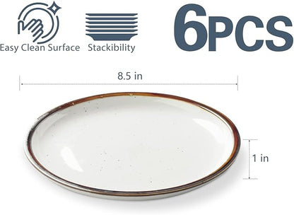 ONEMORE Ceramic Plates Set of 6, 8.5 inch Small Dinner Plates for Appetizer, Salad and Dessert. Oven, Microwave and Dishwasher Safe Plate. Rustic Kitchen Porcelain Dish - Cream White