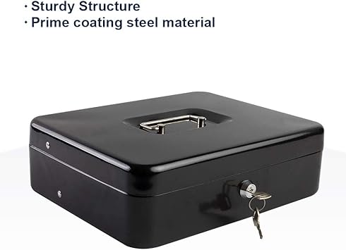 KYODOLED Locking Cash Box with Lock,Money Box with Cash Tray,Lock Safe Box with Key,Money Saving Organizer,11.81Lx 9.45Wx 3.54H Inches,Black XL Large