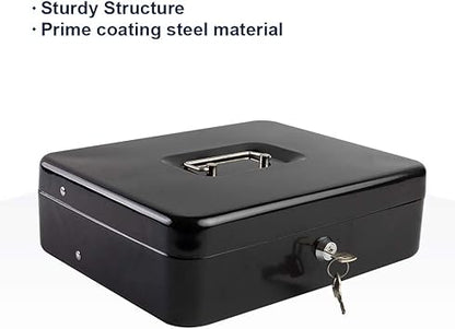 KYODOLED Locking Cash Box with Lock,Money Box with Cash Tray,Lock Safe Box with Key,Money Saving Organizer,11.81Lx 9.45Wx 3.54H Inches,Black XL Large