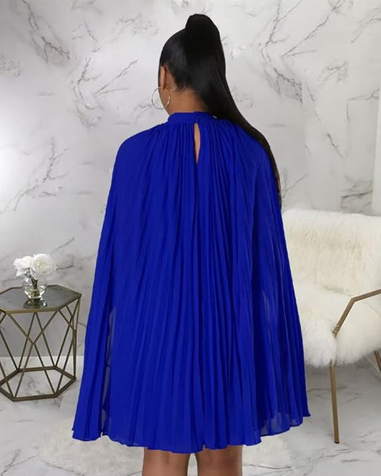 Women’s Casual Cape Sleeve Pleated Split Short Dress Loose Fit Cocktail Party Flowy Dress