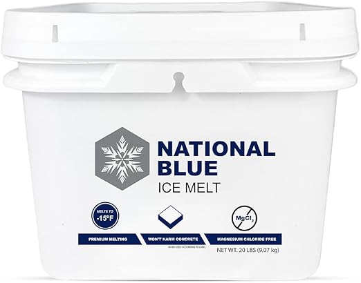 National Blue Ice Melt 20lb Bucket - Fast Acting Ice Melter - Pet, Plant and Concrete Friendly, Environmentally Safe - Free of Magnesium Chloride - Melts to -15°F