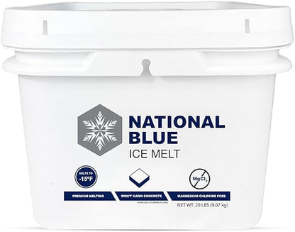 National Blue Ice Melt 20lb Bucket - Fast Acting Ice Melter - Pet, Plant and Concrete Friendly, Environmentally Safe - Free of Magnesium Chloride - Melts to -15°F