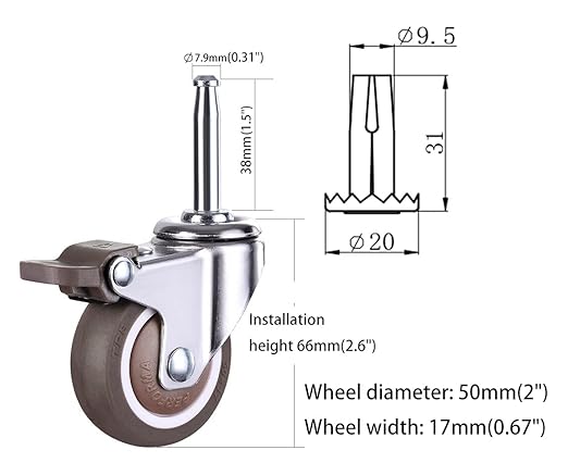 2 Inch Rubber Caster Wheel Set of 4(2 with Brakes & 2 Without) with 5/16" x 1-1/2" (8 x 38mm) Stem Sockets, for Furniture Crib Trolley Dining Car Casters