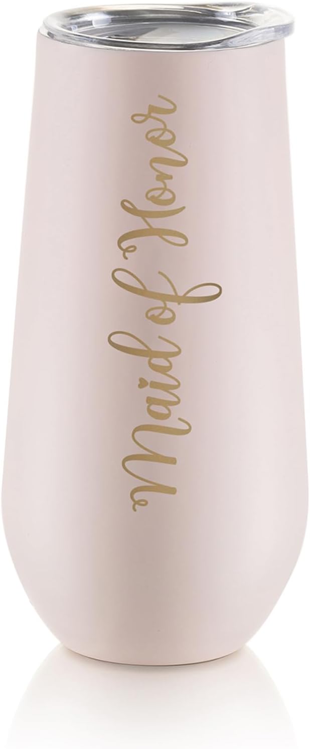 NUPTIO Maid of Honor Proposal Gifts: Pink Tumbler Stemless Champagne Flute Stainless Steel Wine Cups Bachelorette Party Supplies Bridal Shower Engagement Wedding Favors 6oz