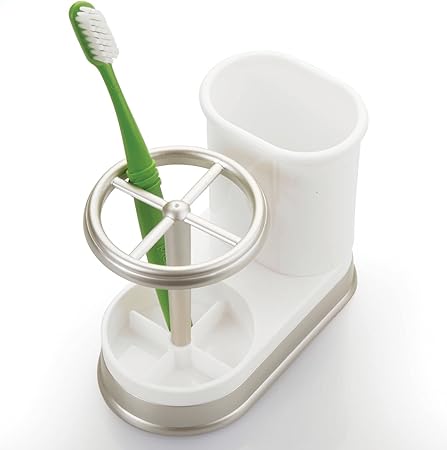 mDesign Decorative Bathroom Dental Storage Organizer Holder Stand for Electric Spin ToothbrushToothpaste - Compact Design for Countertop and Vanity, Holds 4 Standard Brushes - WhiteMatte Satin