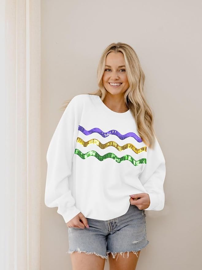 LUKYCILD Mardi Gras Sweatshirt Women Stripes Fat Tuesday Shirt Mask Graphic Carnival Long Sleeve Tee New Orleans Party Top