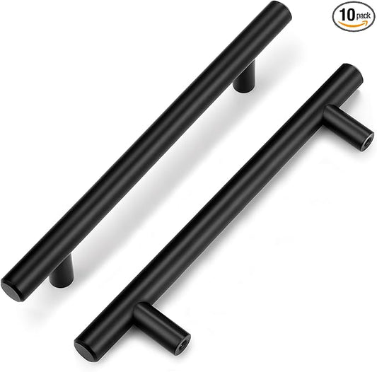 Probrico 10 Pack5 Inch Hole Centers Solid Cabinet Pulls Stainless Steel Round T Bar Cabinet Handles Black Drawer Pulls, Kitchen Cabinet Hardware for Cupboard Wardrobe Drawer Closet Nightstand