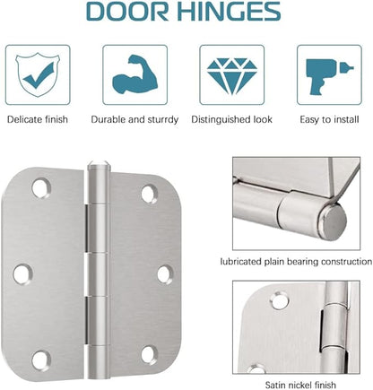 30 Pack Satin Nickel Door Hinges 3.5 inch Brushed Nickel Hinges Rounded 58" Radius Corners Bedroom Residential Standard Indoor Door Hardware Hinge