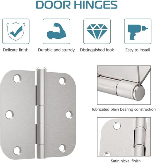 30 Pack Satin Nickel Door Hinges 3.5 inch Brushed Nickel Hinges Rounded 58" Radius Corners Bedroom Residential Standard Indoor Door Hardware Hinge